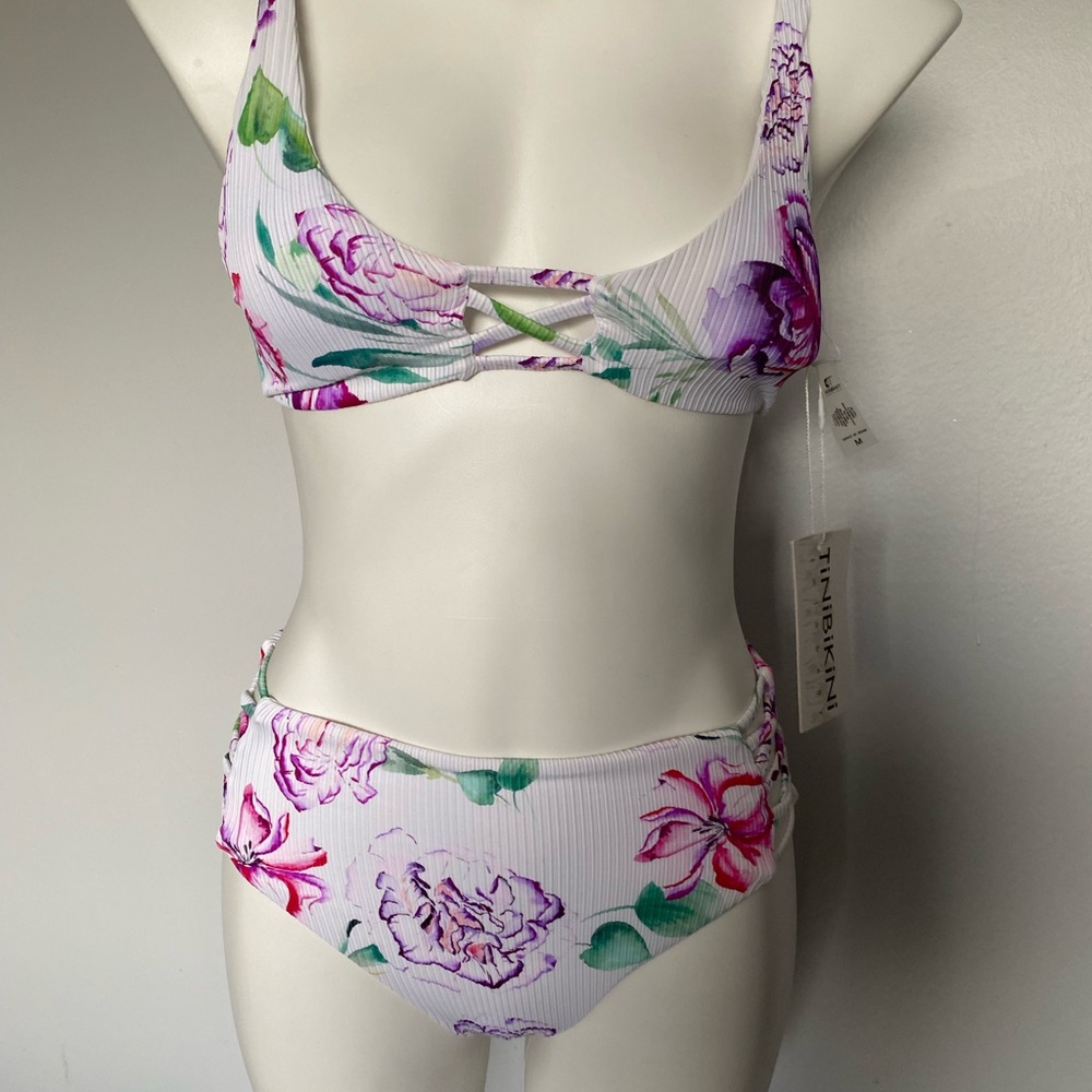 TiniBikini White Bikini Set with Pink & Purple Floral Accents